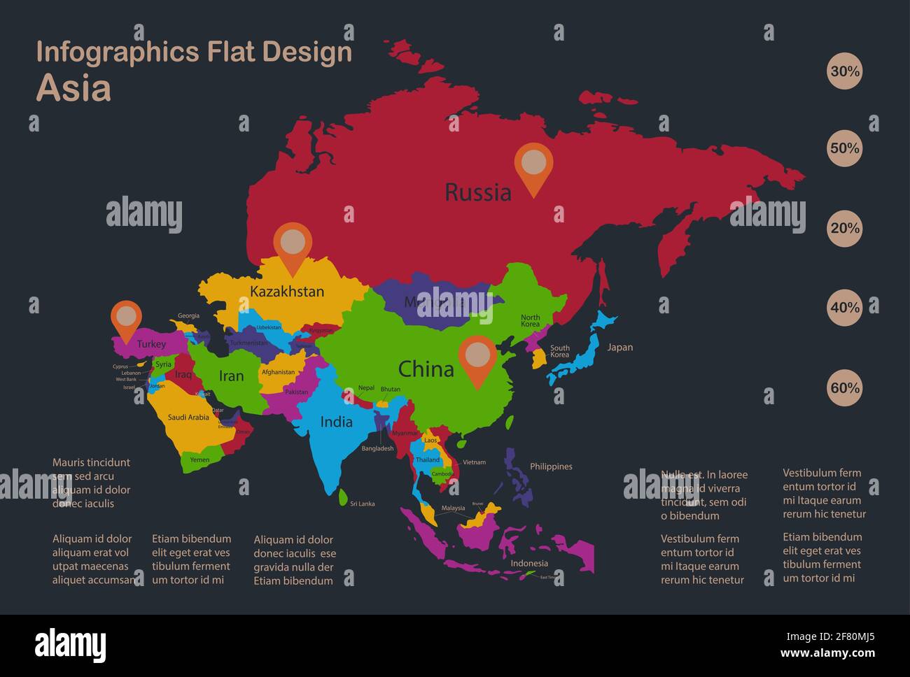 Carte infographique de l'Asie, couleurs plates, avec noms d'États individuels, fond bleu avec vecteur de points orange Illustration de Vecteur