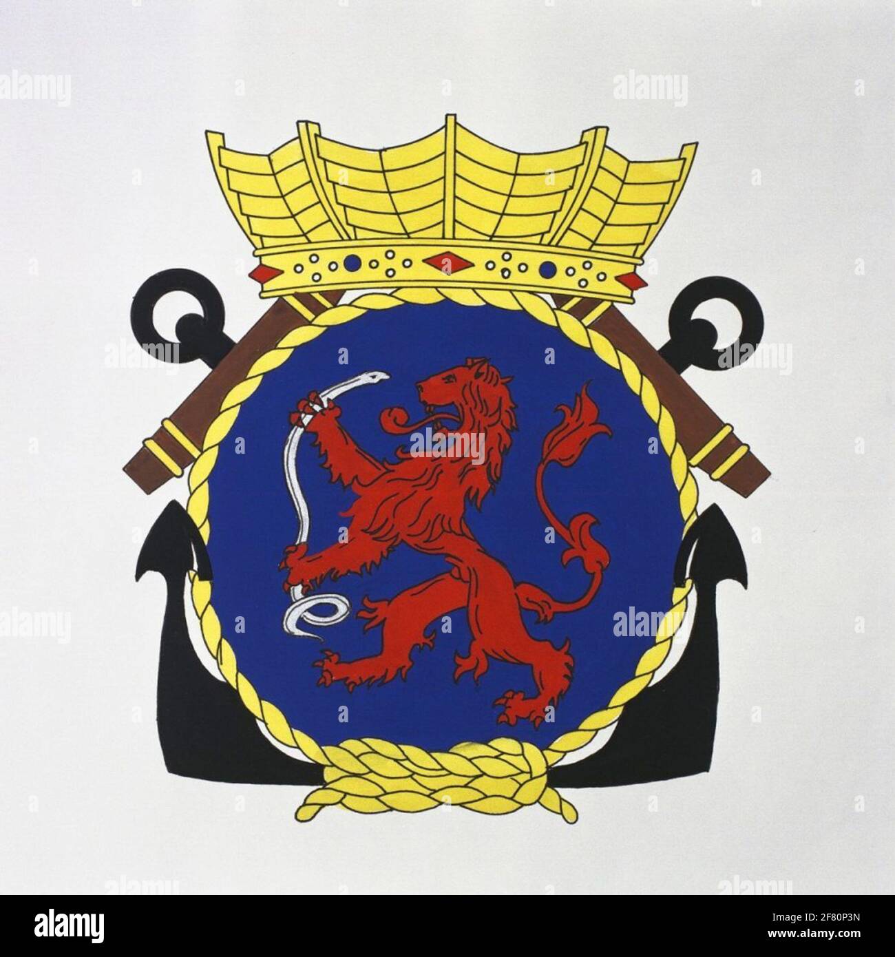 Aalsmeer. L'emblème est dérivé de l'arme municipale d'Aalsmeer. L'anguille dépeint le nom du lieu, le lion est probablement de l'arme hollandaise. Aalsmeer a toujours été directement connecté comme un savoir-faire. Logo doublé de hr.ms. Aalsmeer (1956-1963). Banque D'Images