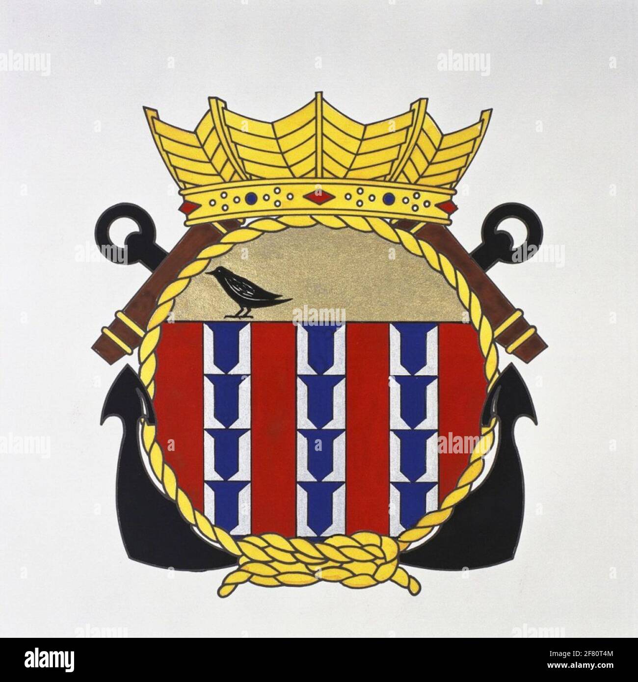 Van 't Hoff. L'emblème est dérivé de l'arme municipale de Hardinxveld-Giessendam, le lieu de naissance de J. van 't Hoff (1901-1945), sergent-machiniste à HR.MS Piet hein (1928-1942) Van' t Hoff s'est distingué dans la bataille dans la rue badoeng le 19 février 1942, où HR.Mme Piet hein a été amené à l'évier. Il s'est aventuré son LVN pour fermer les conduites de vapeur et de carburant sur l'endroit caché et ainsi sauvé la vie. L'oiseau dans l'emblème est dérivé du bras de Piet hein. Van 't Hoff est mort en 1945 dans des prisonniers de guerre au Japon. Logo doublé de hr.ms. Van 't Hoff (1961-1983). Banque D'Images