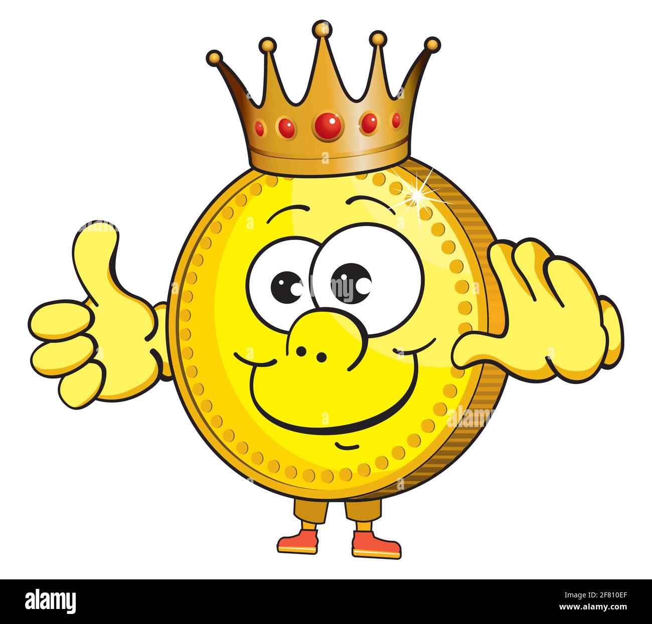 Pièce d'or dans la couronne, le roi de l'argent. Pièce d'or, jolie mascotte d'émoticône de dessin animé. Personnage Golden coin Cartoon pour les concepts d'entreprise et de finance. Illustration de Vecteur