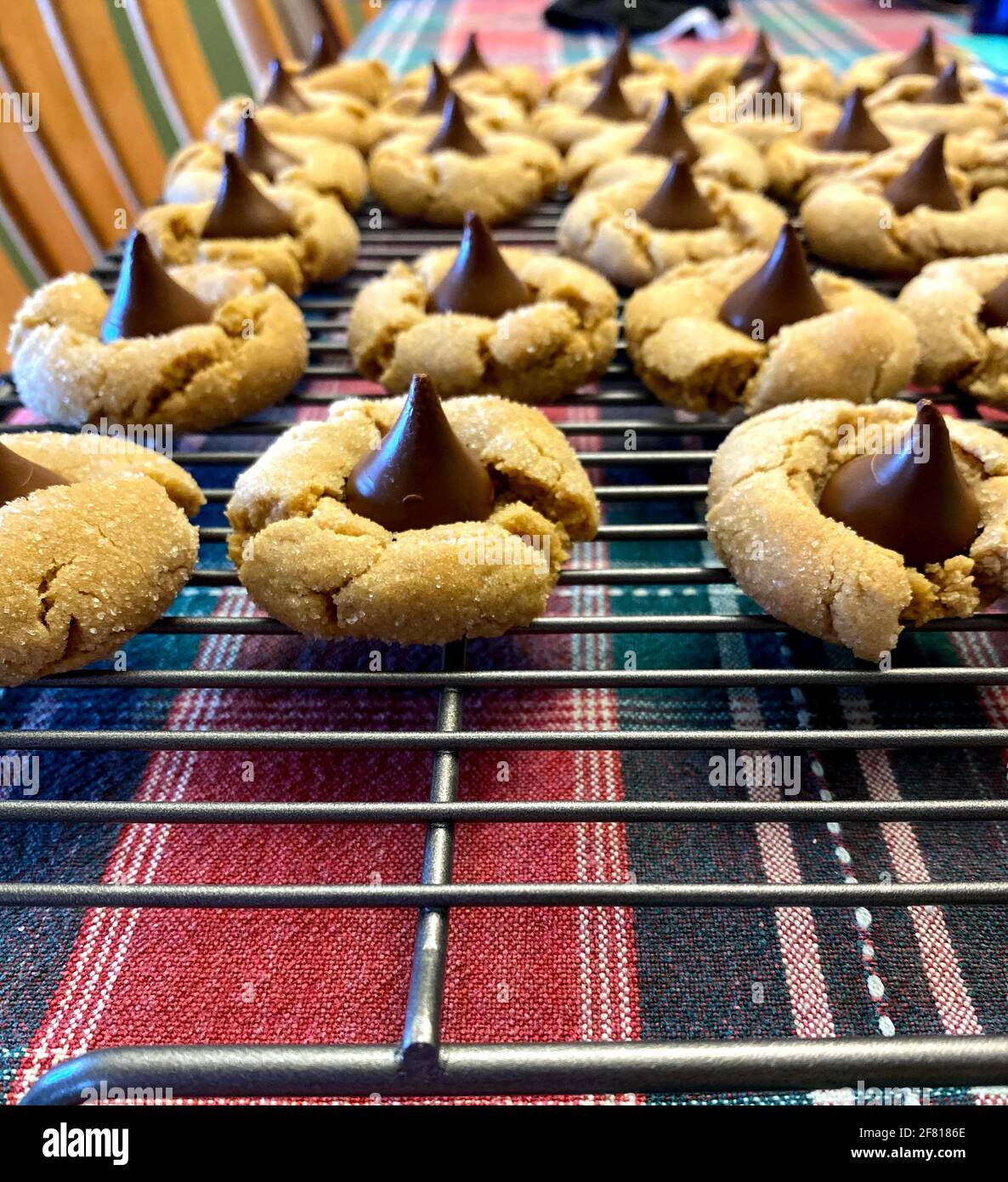 Biscuits de fleur de beurre d'arachide refroidissant sur un rack en fil de fer Banque D'Images