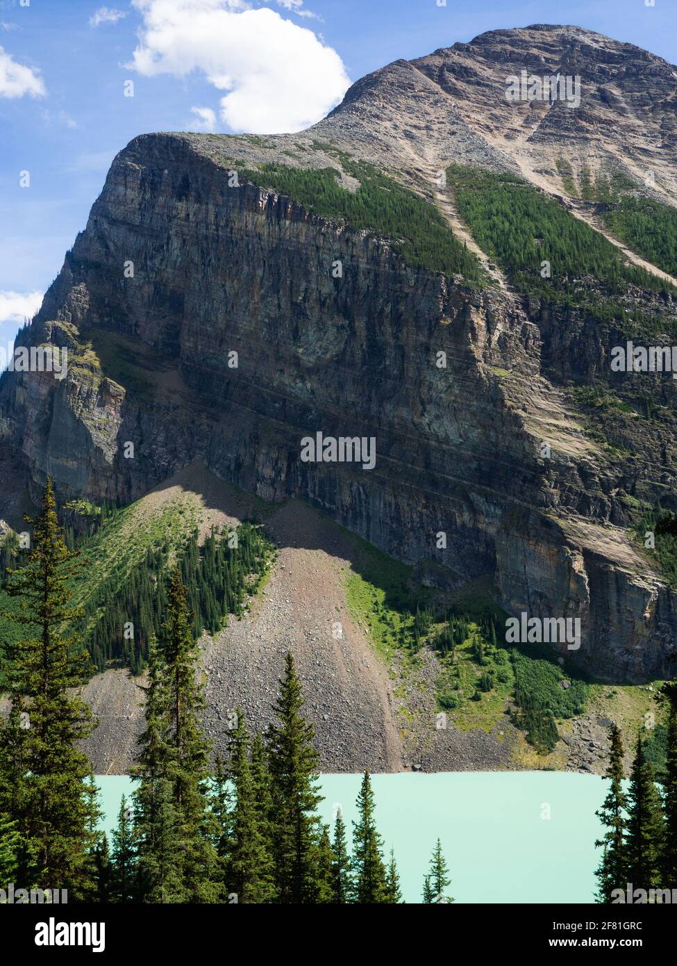 Lac turquoise en face d'un mur de roche dans le rocheuses par une belle journée d'été Banque D'Images