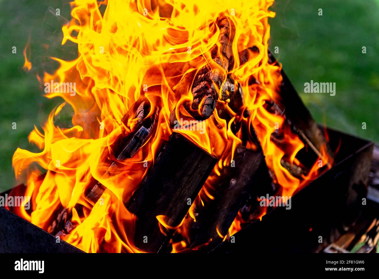 Un grand feu fait de planches. Bois de chauffage dans une flamme vive. Le  bois de chauffage brûle fortement dans une grille en fer Photo Stock - Alamy