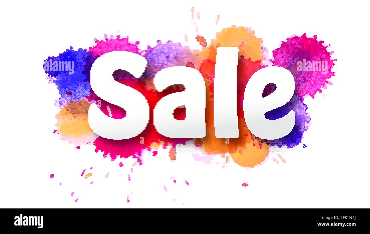 Vente. Lettres sculptant du papier sur des taches d'encre multicolores isolées sur fond blanc. Effet de superposition. Illustration vectorielle. Illustration de Vecteur