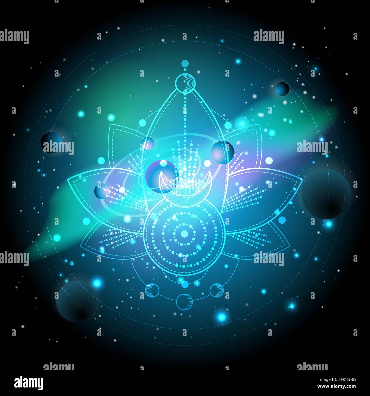 Illustration vectorielle du symbole sacré ou mystique sur fond d'espace avec des planètes et des étoiles. Signes géométriques abstraits tracés en lignes. Multicolo Illustration de Vecteur