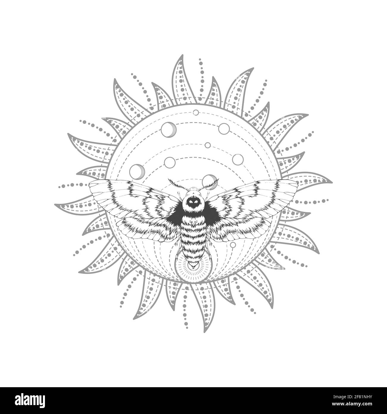 Illustration vectorielle avec papillon de tête mort dessiné à la main et symbole Sacré sur fond blanc. Signe mystique abstrait. Forme linéaire noire. Pour votre conception, ta Illustration de Vecteur