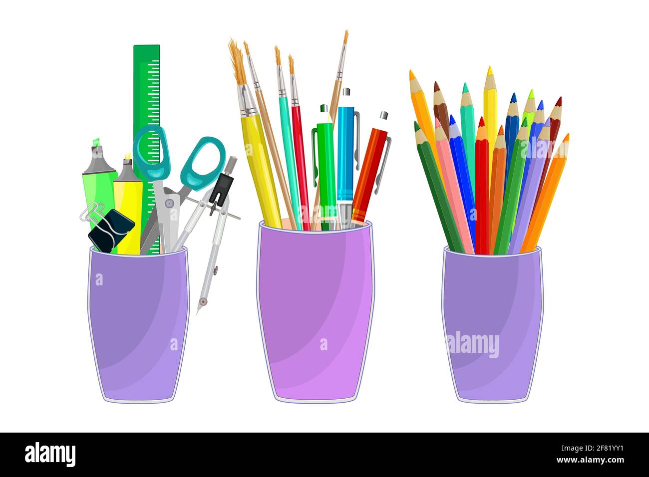 Ensemble de tasses d'école ou de bureau avec fournitures de papeterie. Rangement pour porte-articles de papeterie. Organisateur de bureau coloré. Retour à l'école. Illustration du vecteur de stock Illustration de Vecteur