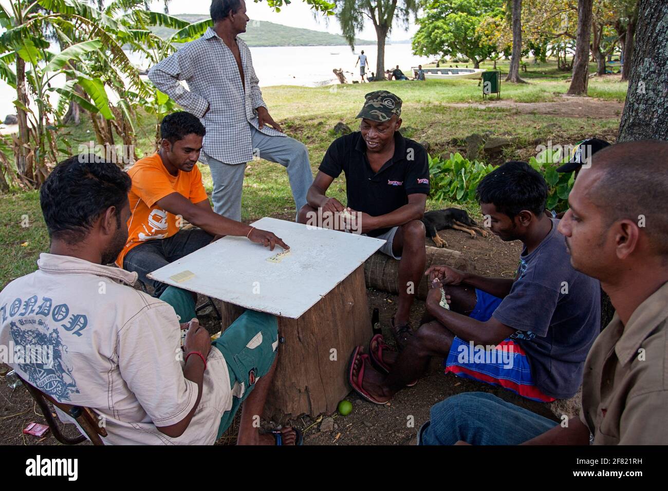 Hommes jouant des dominos, île Maurice Banque D'Images