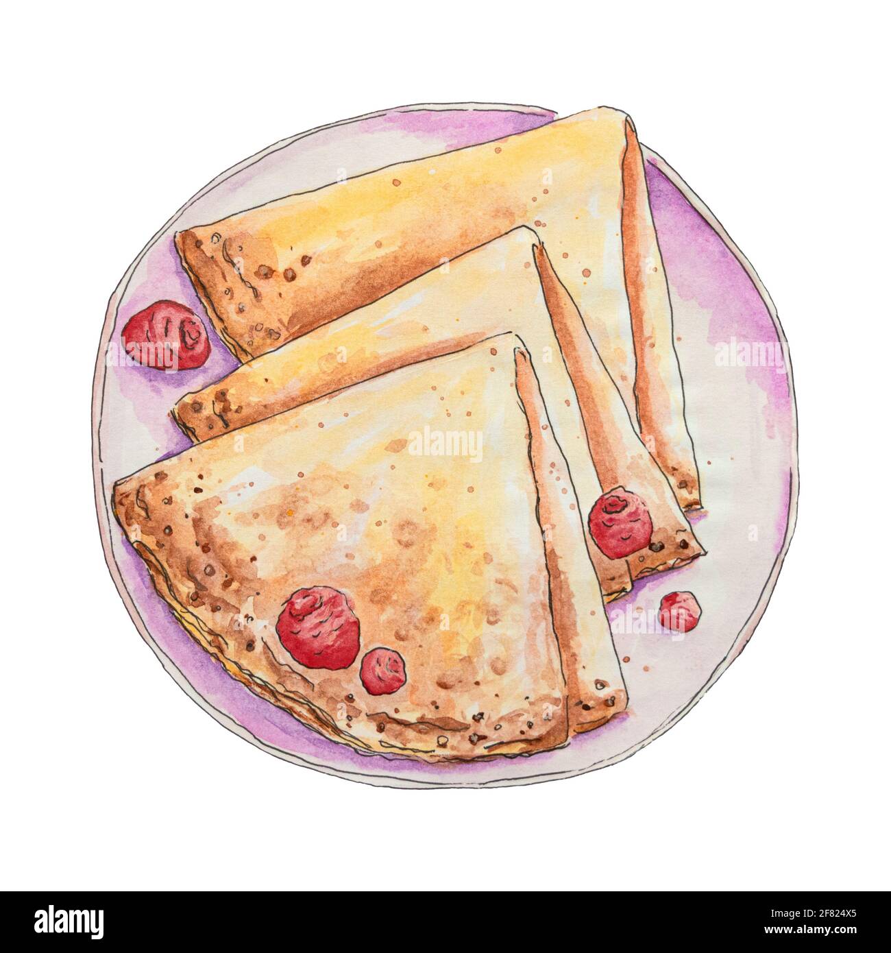 Crêpes aux framboises fraîches sur une assiette. Illustration aquarelle dessinée à la main isolée sur fond blanc Banque D'Images