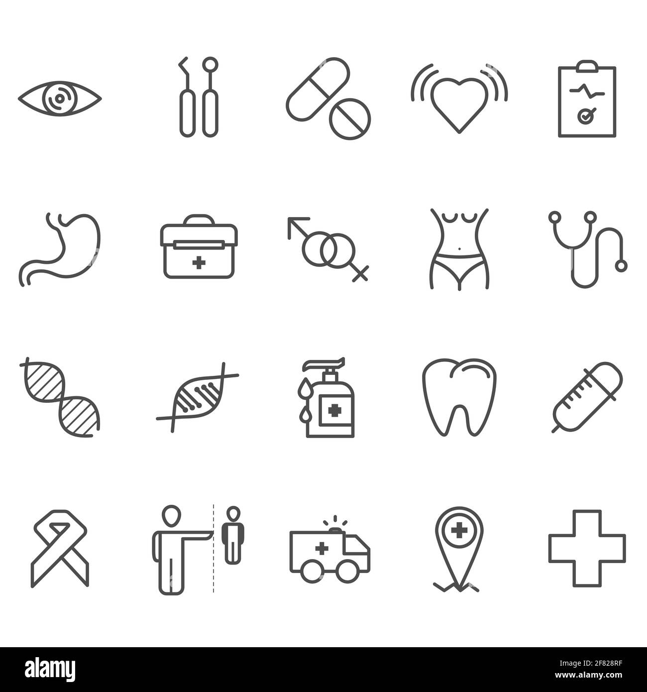 Ensemble d'icônes de contour médical. Vecteur de symbole fin pour les soins de santé. Affiche de la pharmacie. 320 x 320 pixels Illustration de Vecteur