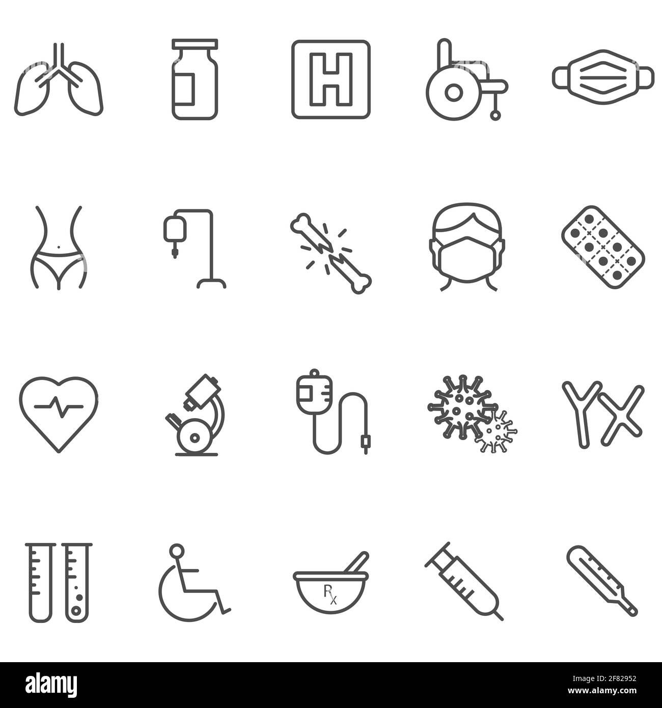 Ensemble d'icônes de contour médical. Vecteur de symbole fin pour les soins de santé. Affiche de la pharmacie. 320 x 320 pixels Illustration de Vecteur