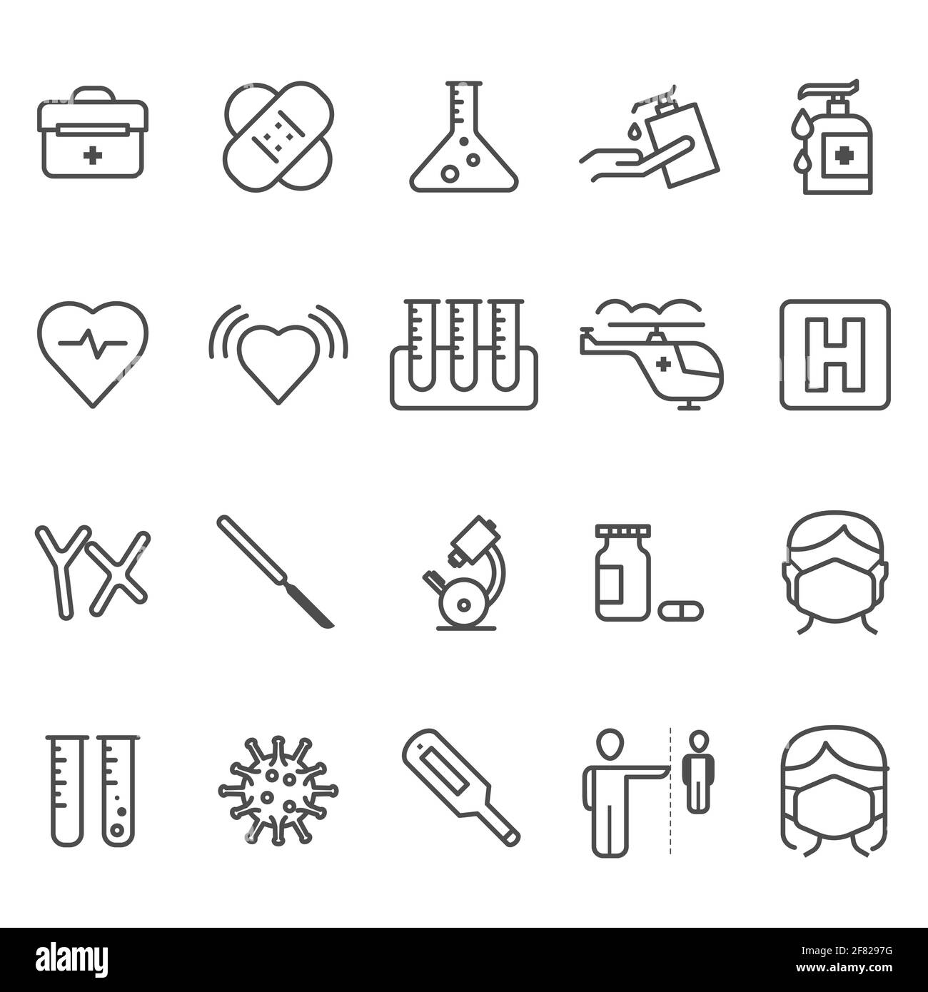 Ensemble d'icônes de contour médical. Vecteur de symbole fin pour les soins de santé. Affiche de la pharmacie. 320 x 320 pixels Illustration de Vecteur