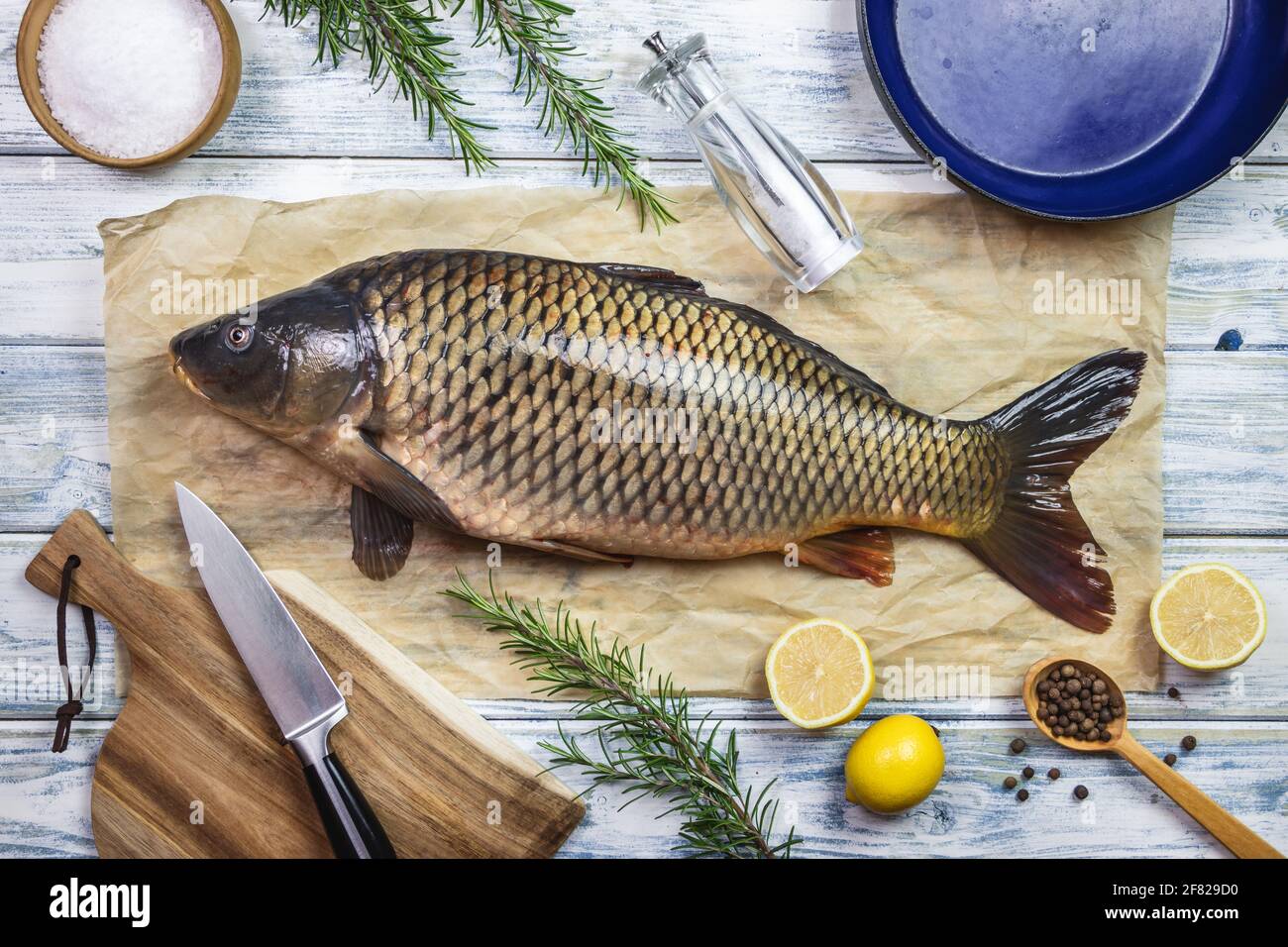 Cuisson du poisson. Carpe fraîche et ingrédients sur table blanche. Préparer une alimentation saine. Pose à plat Banque D'Images