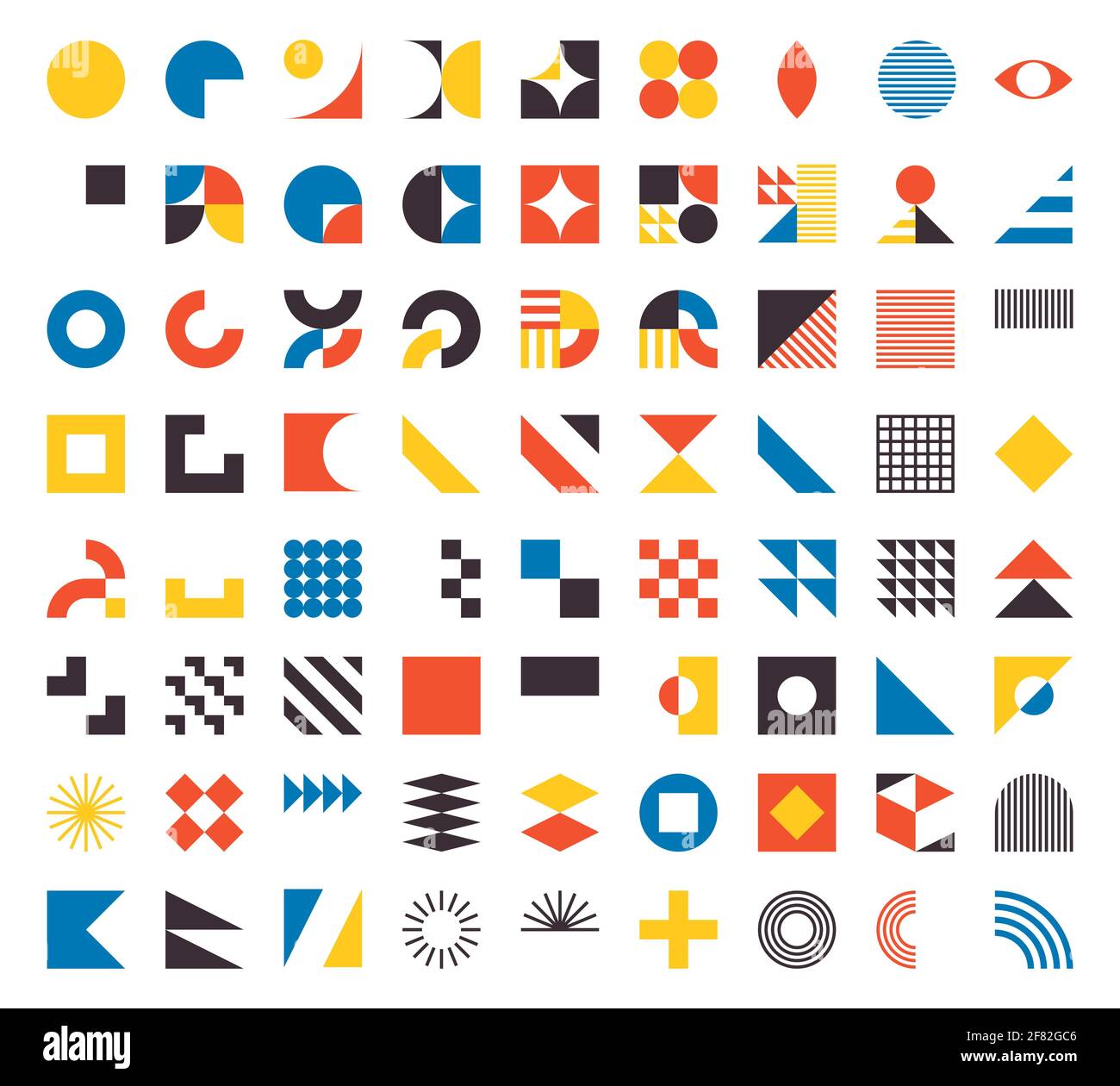 Éléments Bauhaus. Formes abstraites géométriques modernes dans un style minimaliste. Brutalisme formes de base, lignes, oeil, cercles et motifs, ensemble de vecteurs d'art Illustration de Vecteur