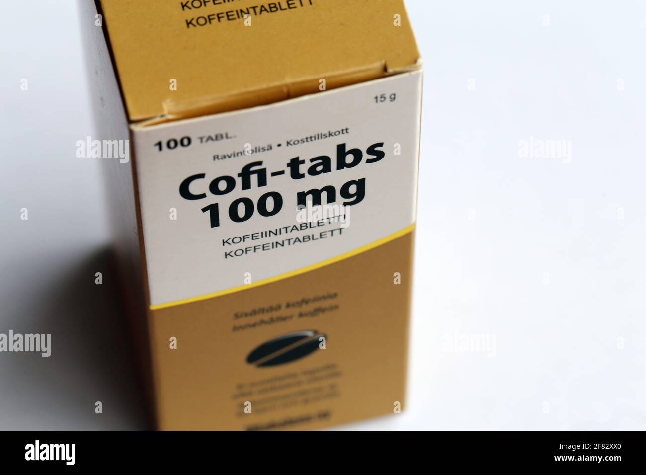 COFI-Tabs 100 mg comprimés de caféine. Médicament utilisé pour rester éveillé et par un substitut plus énergique pour le café, les boissons énergétiques et les sodas. Gros plan. Banque D'Images