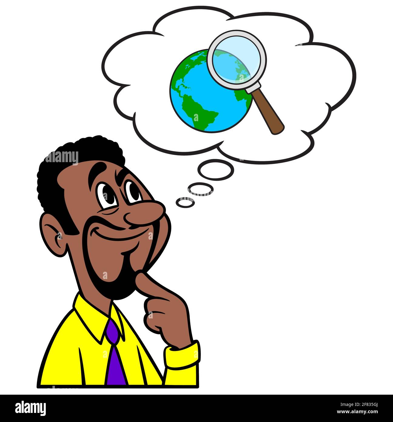 Homme pensant à la recherche mondiale - UNE illustration de dessin animé d'un homme pensant aux données de recherche mondiale. Illustration de Vecteur