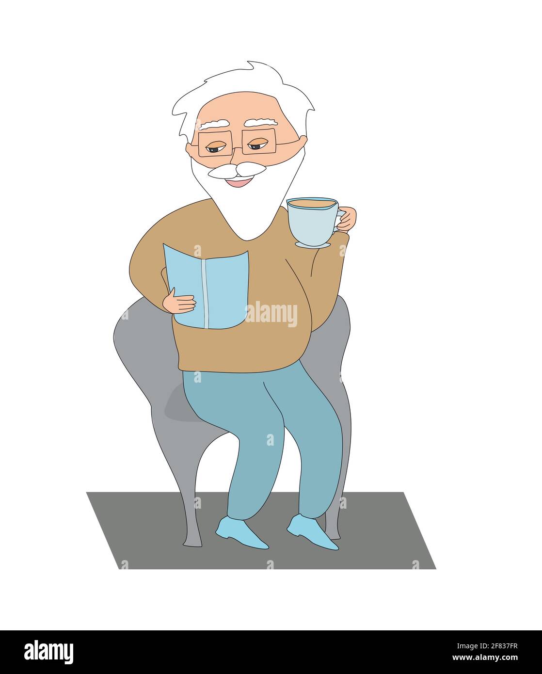 Le vieil homme lit un livre et boit du café Illustration de Vecteur