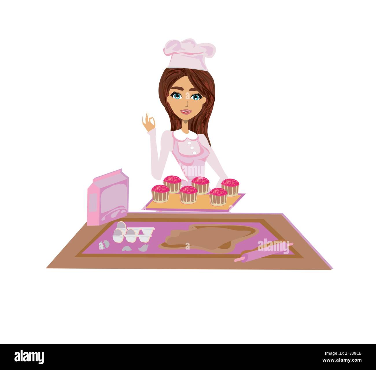 belle fille chef sert des muffins sucrés Illustration de Vecteur