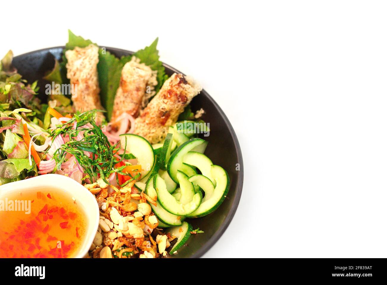 Plats vietnamiens de nouilles de riz vermicelles froides nappées d'herbes fraîches, de salade fraîche et de rouleaux de printemps Banque D'Images