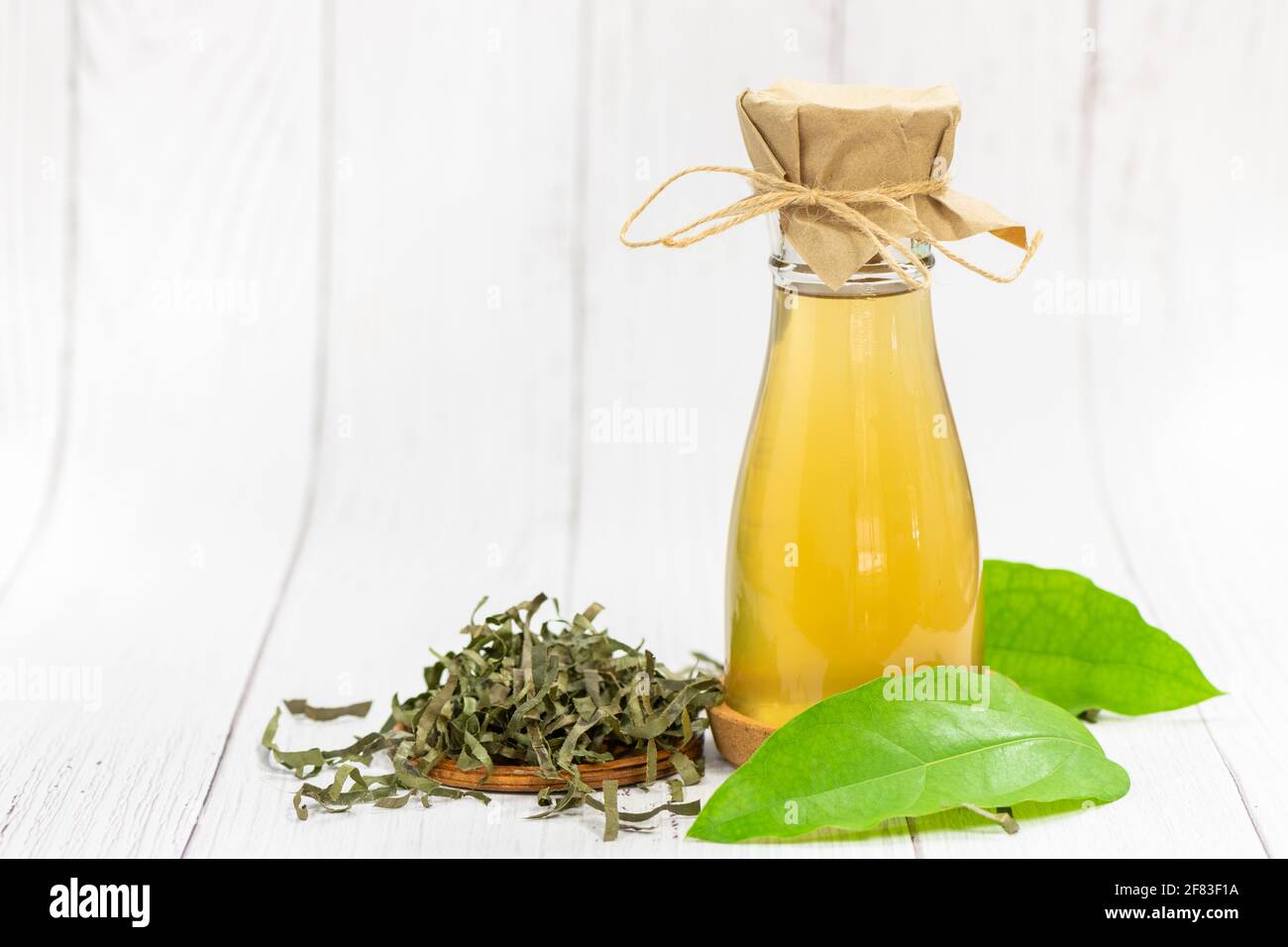 Thé Kombucha avec Tiliacora triandra ou feuilles de bambou, boisson fermentée au cidre. Avantages du thé kombucha sont source de probiotiques, élevé en antioxide Banque D'Images