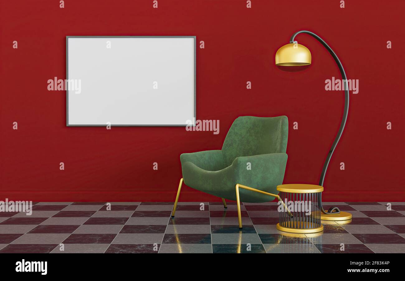 intérieur minimaliste rouge, vert et or avec lampe, canapé et maquette de toile. rendu 3d Banque D'Images