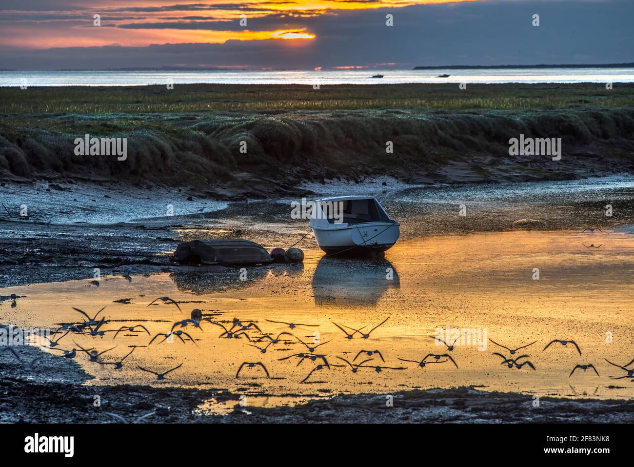 Marée basse avec petit bateau de pêche à la rivière Loughor et estuaire Banque D'Images
