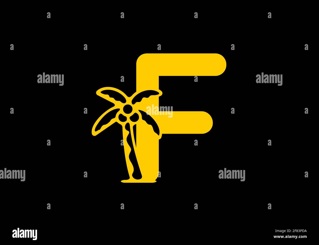 Couleur jaune de la lettre initiale F avec motif arbre de noix de coco Illustration de Vecteur