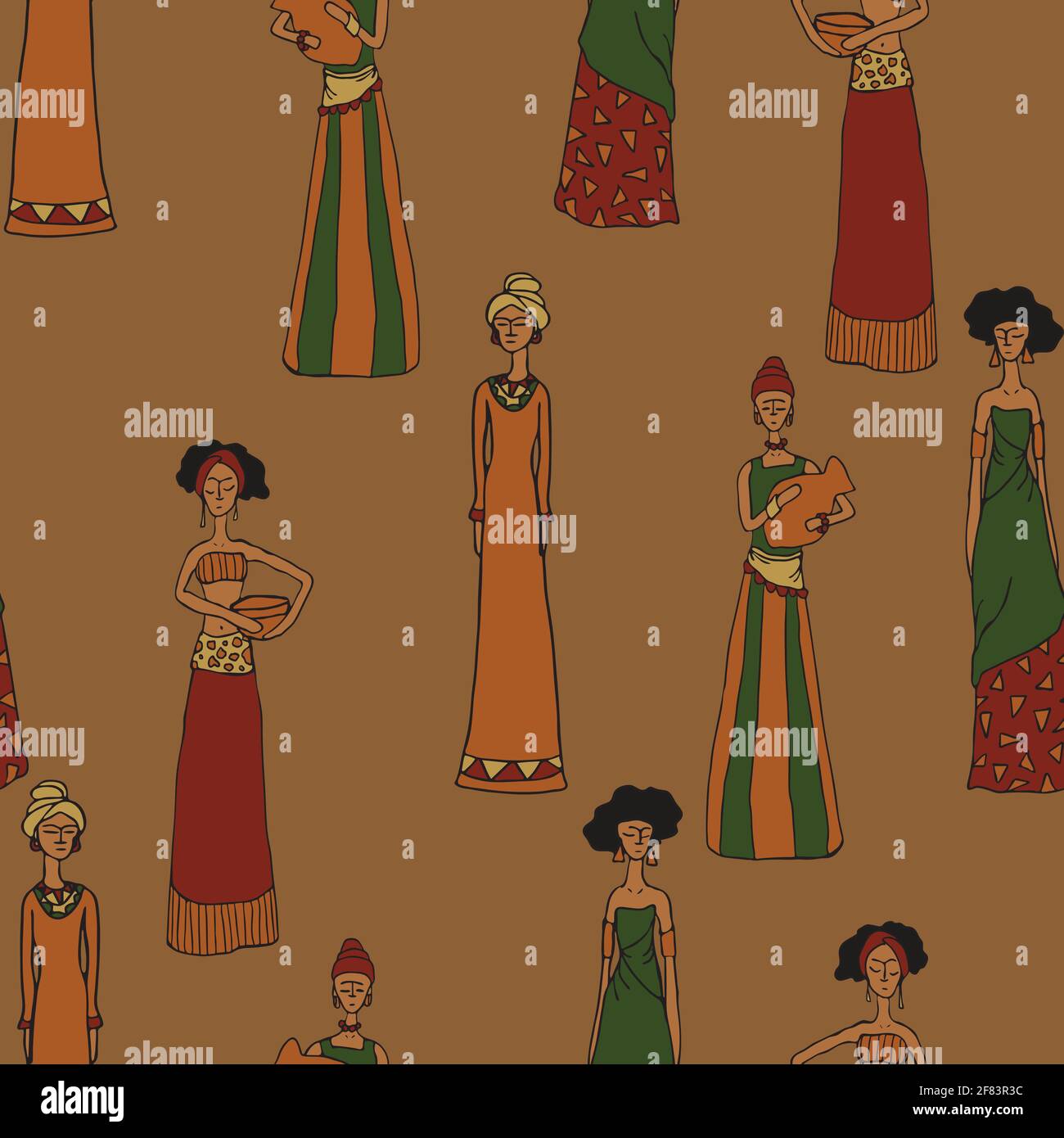 Motif vectoriel sans couture avec de magnifiques Africains sur fond marron. Design de papier peint ethnique simple pour femmes. Femme tribu textile de mode. Illustration de Vecteur
