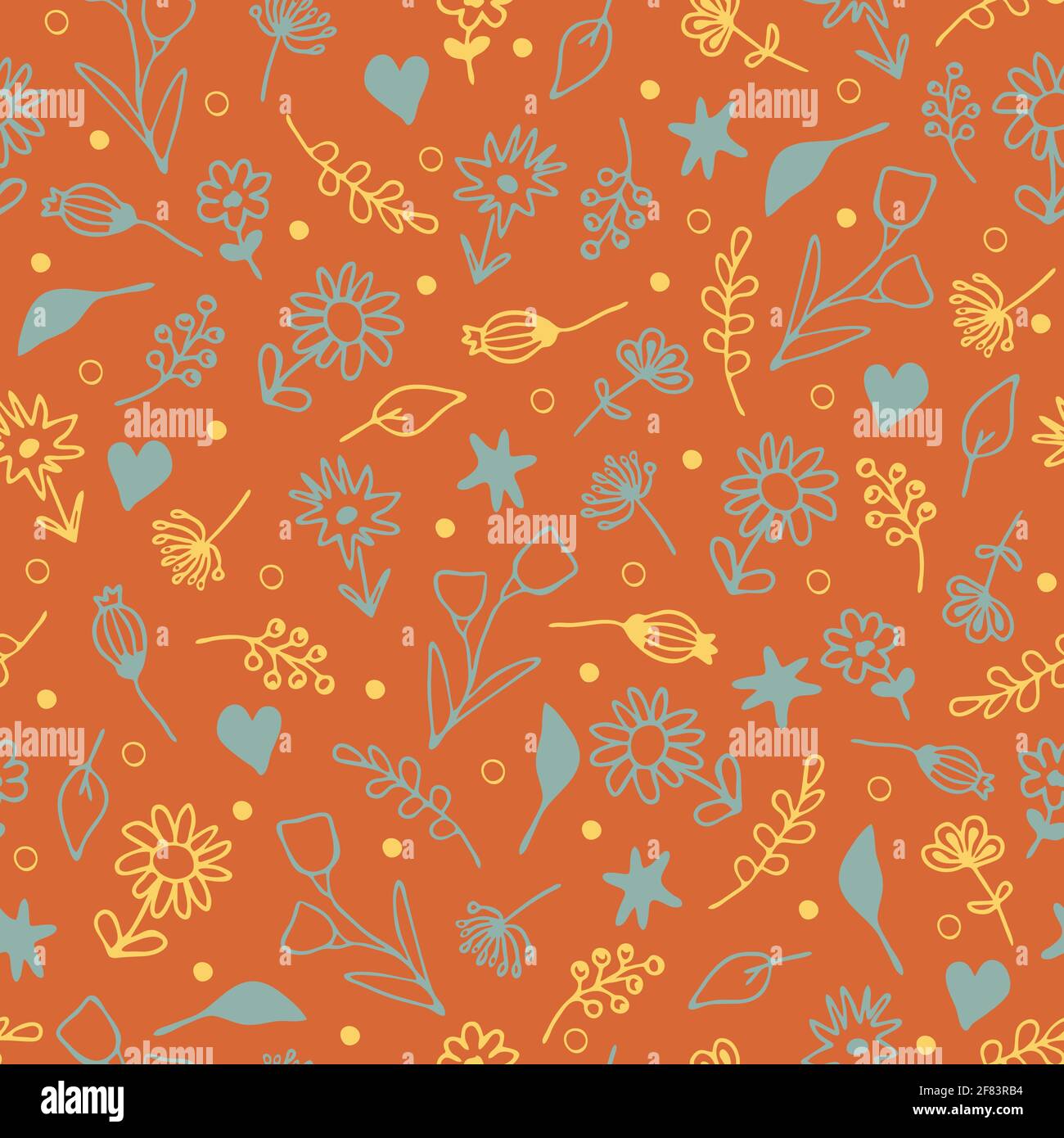 Motif vectoriel sans couture avec petites fleurs sur fond orange. Papier peint simple à motif fleuri dessiné à la main. Textile de mode de prairie d'été. Illustration de Vecteur