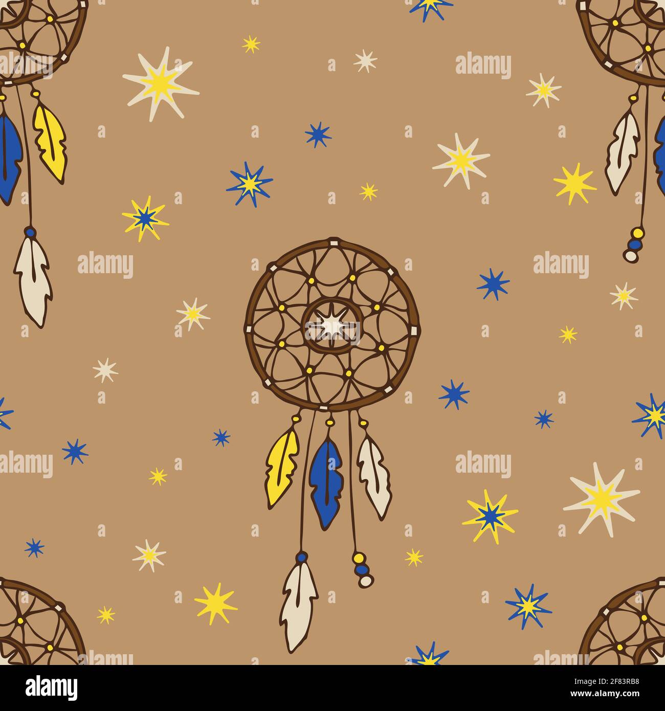 Motif vectoriel transparent avec capteur de rêve sur fond beige. Papier peint spirituel avec étoiles. Mode de vie textile. Illustration de Vecteur