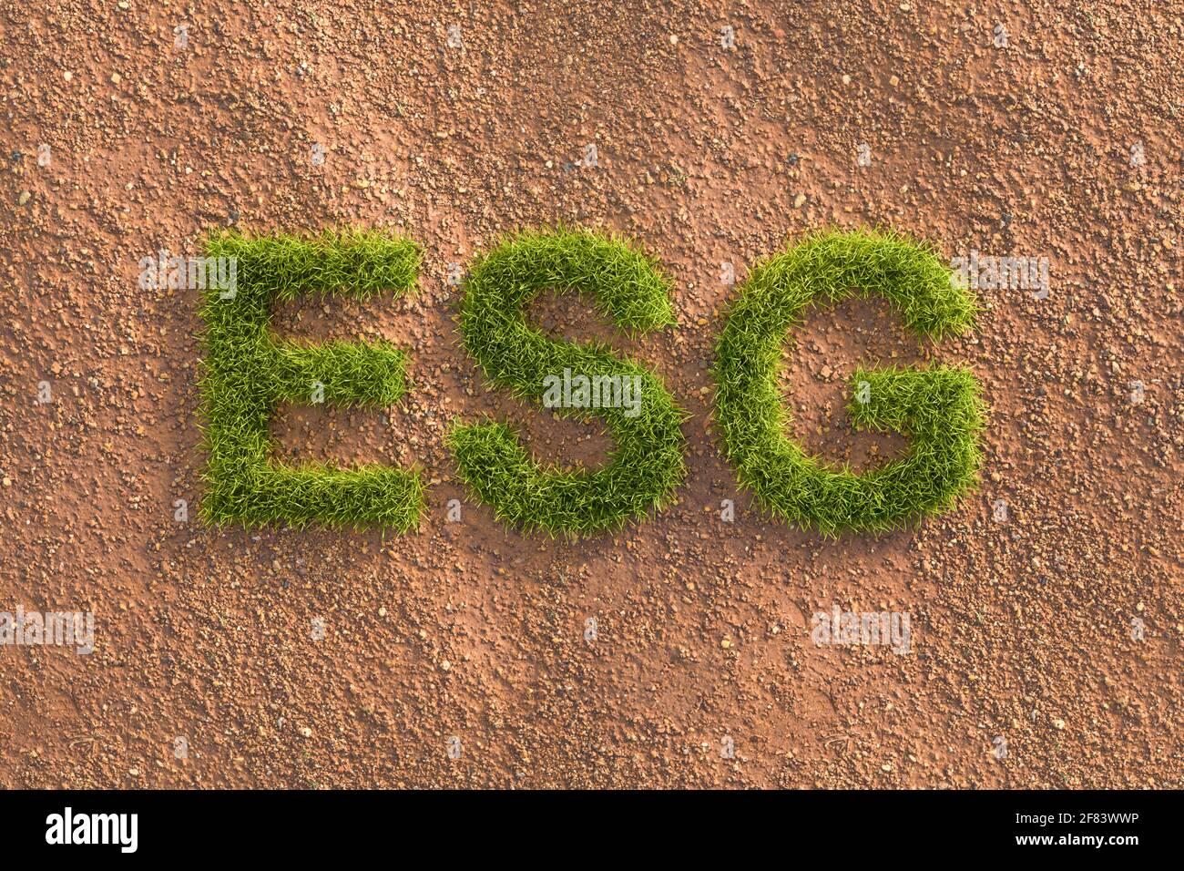 Vert herbe lettres ESG dans un paysage aride. Concept de normes ESG (environnement social Governance) en matière d'investissement. Banque D'Images