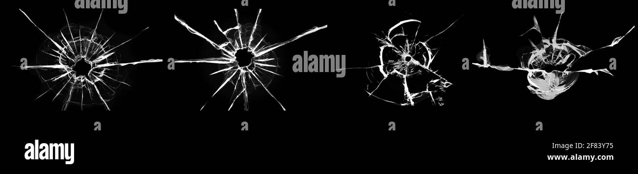 Jeu d'illustrations de verre brisé fissuré, collage de billes de verre endommagées sur fond noir. Abstraction pour la conception Banque D'Images
