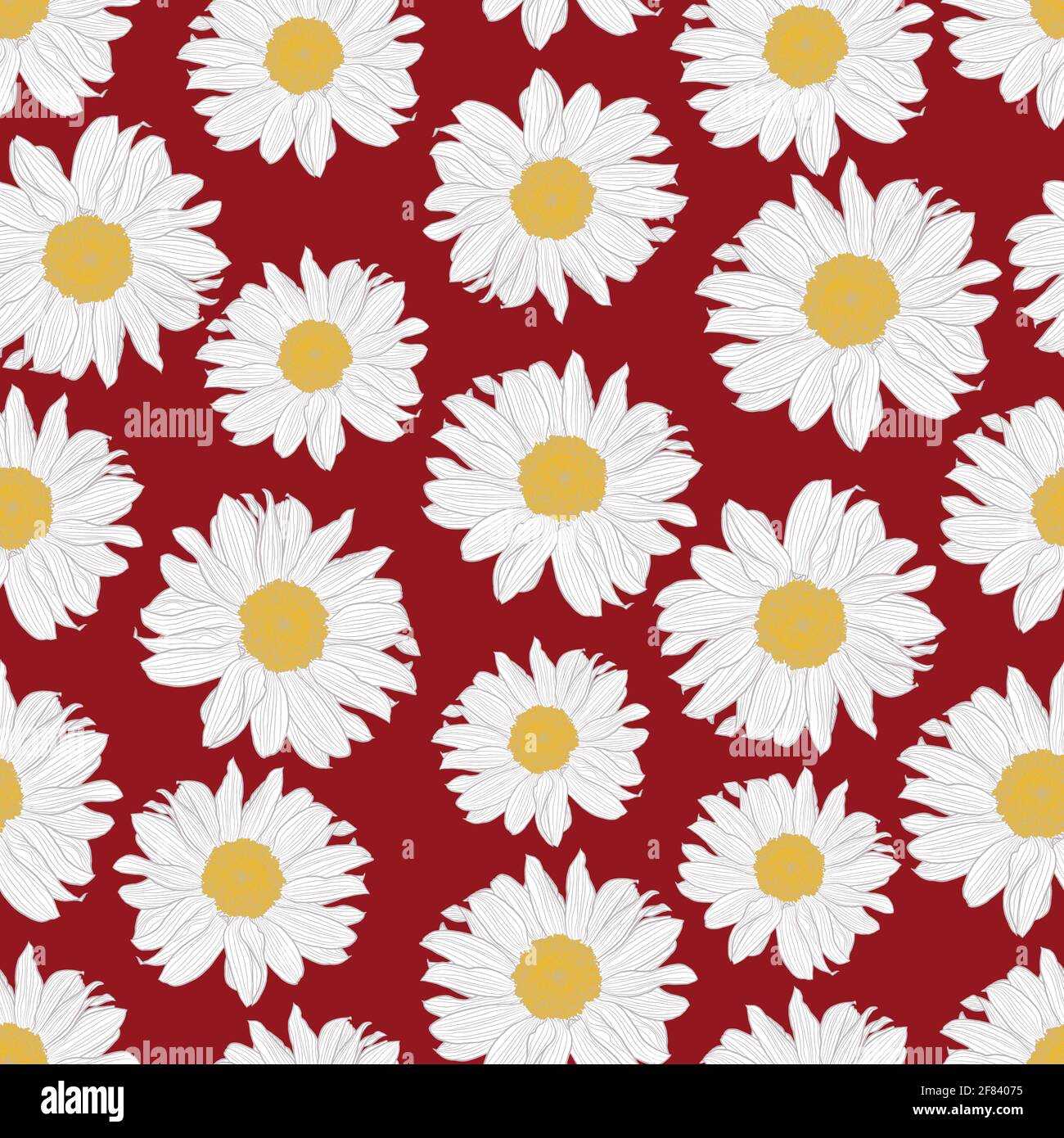 Motif vectoriel sans couture de fleurs de camomille jaune et blanc sur fond rouge. Imprimé décoratif pour le papier peint, l'emballage, le textile, le tissu de mode ou d'autres couvertures imprimables. Illustration de Vecteur