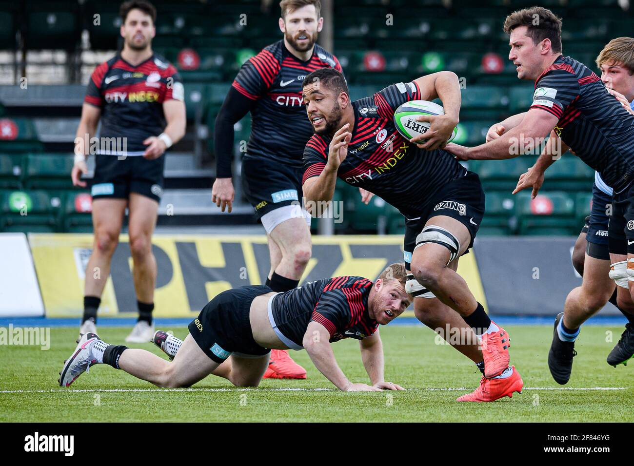 LONDRES, ROYAUME-UNI. 11 avril 2021. Andy Christie de Saracens en action lors du match de rugby du championnat Greene King IPA entre Saracens et Bedford Blues au stade StoneX le dimanche 11 avril 2021. LONDRES, ANGLETERRE. Credit: Taka G Wu/Alay Live News Banque D'Images