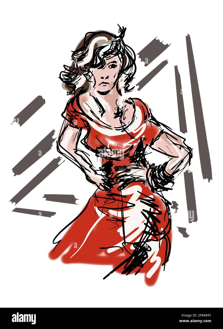 Dessinez le portrait d'une jeune fille dans une robe rouge. Mode femme eps10 illustration vectorielle isolée sur fond blanc. Illustration de Vecteur
