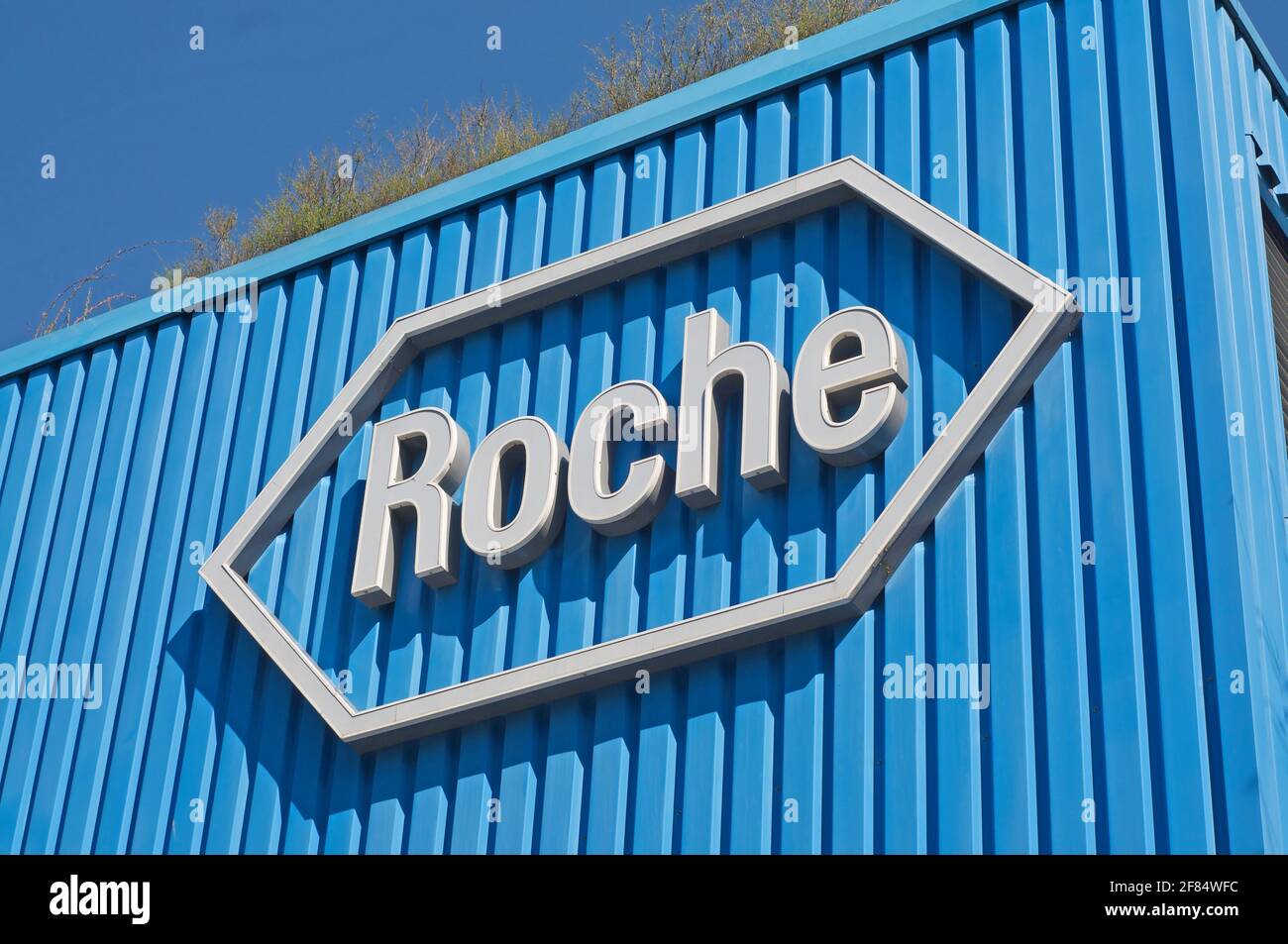 Rotkreuz, Zug, Suisse - 28 mars 2021 : panneau Roche devant le campus de Roche Diagnostics à Rotkreuz, Suisse. F. Hoffmann-la Roche AG i Banque D'Images