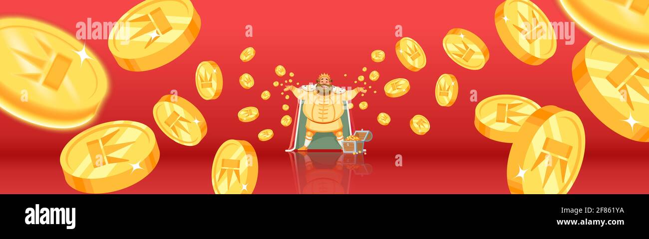 Fortune, chance, bingo pièces tombant, argent tombant, pièces d'or volantes, pluie d'or. Jackpot ou concept de réussite. Un roi avec un grand sourire jette l'or Illustration de Vecteur