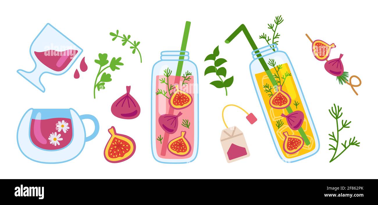 Cocktails hawaïens, bouteille d'été, pot et jus de verre ensemble de dessin animé. Menu de smoothie frais aux fruits tropicaux. Boissons en verre, menu à plat dessiné à la main. Illustration vectorielle tendance Illustration de Vecteur