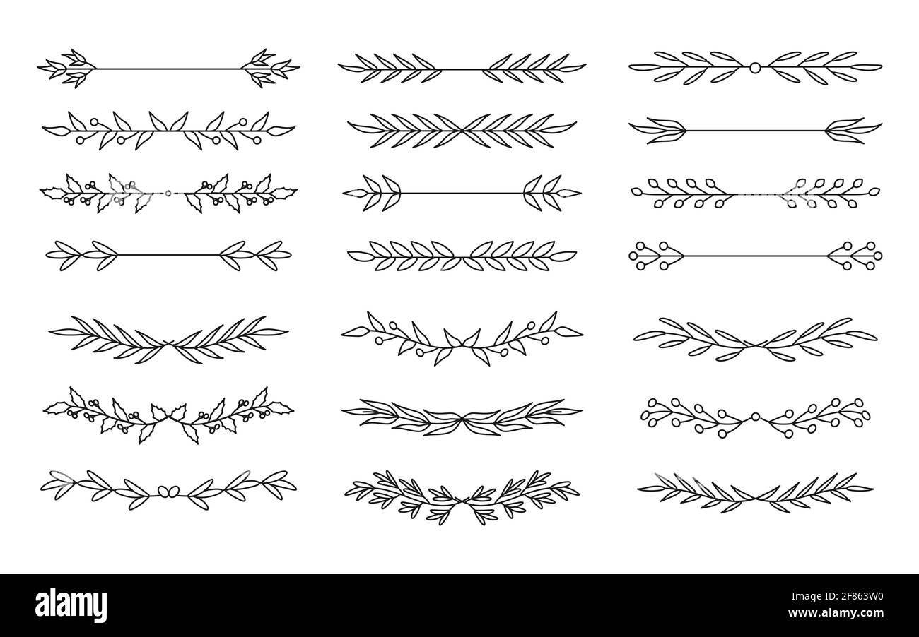 Ensemble de lignes de séparation éléments floraux. Branches d'arbres représentant une bordure foliaire. Élément décoratif graphique pour page de livre de conception, saut de texte, invitation de mariage, certificat. Illustration vectorielle isolée Illustration de Vecteur