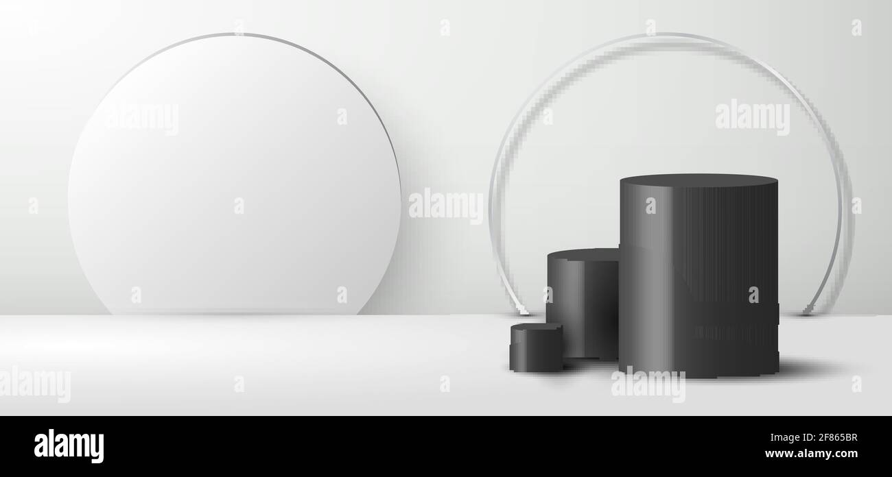 3D réaliste vide forme cylindrique noire minimale et toile de fond blanche sur fond propre de salle de studio conception minimale avec toile de fond et éclairage en anneau. SCE Illustration de Vecteur