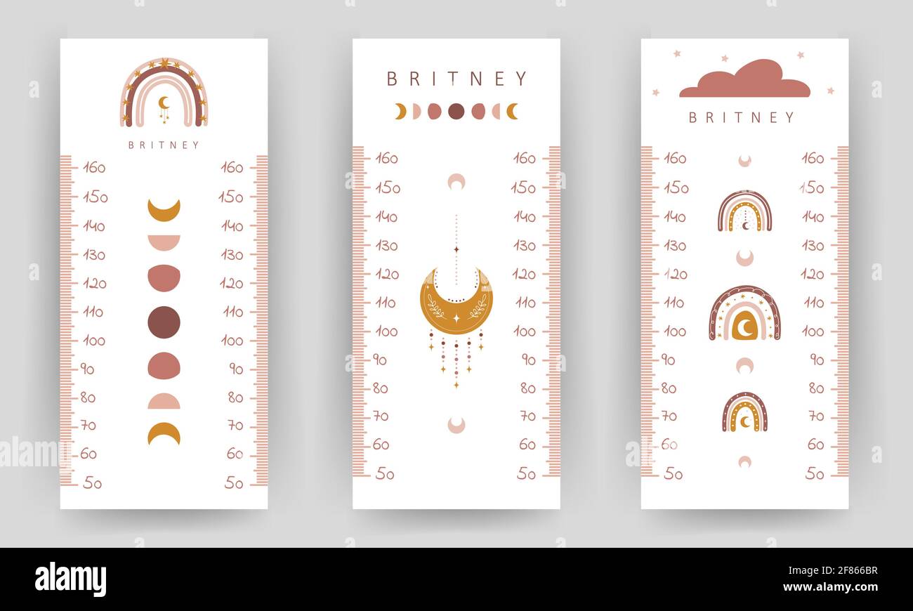 Ensemble de tableaux de hauteur pour enfants. Mur du mètre avec un joli boho arc-en-ciel et lune. Illustration vectorielle en style de dessin animé Doodle. Graphique de croissance puérile. Affiche Illustration de Vecteur