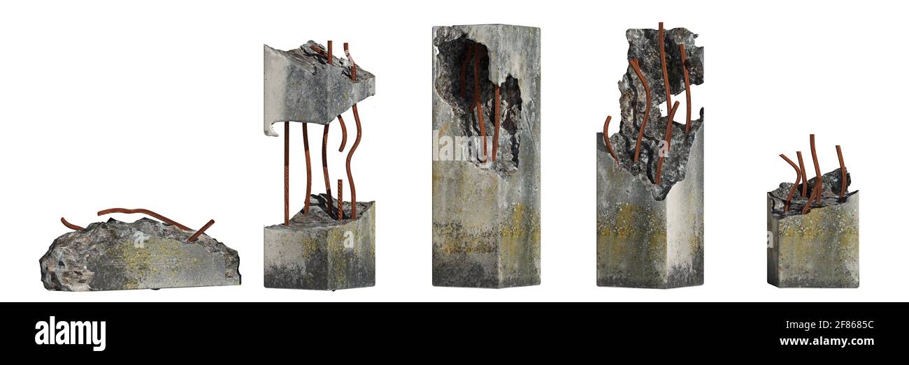 ensemble de piliers en béton endommagés isolés sur fond blanc Banque D'Images