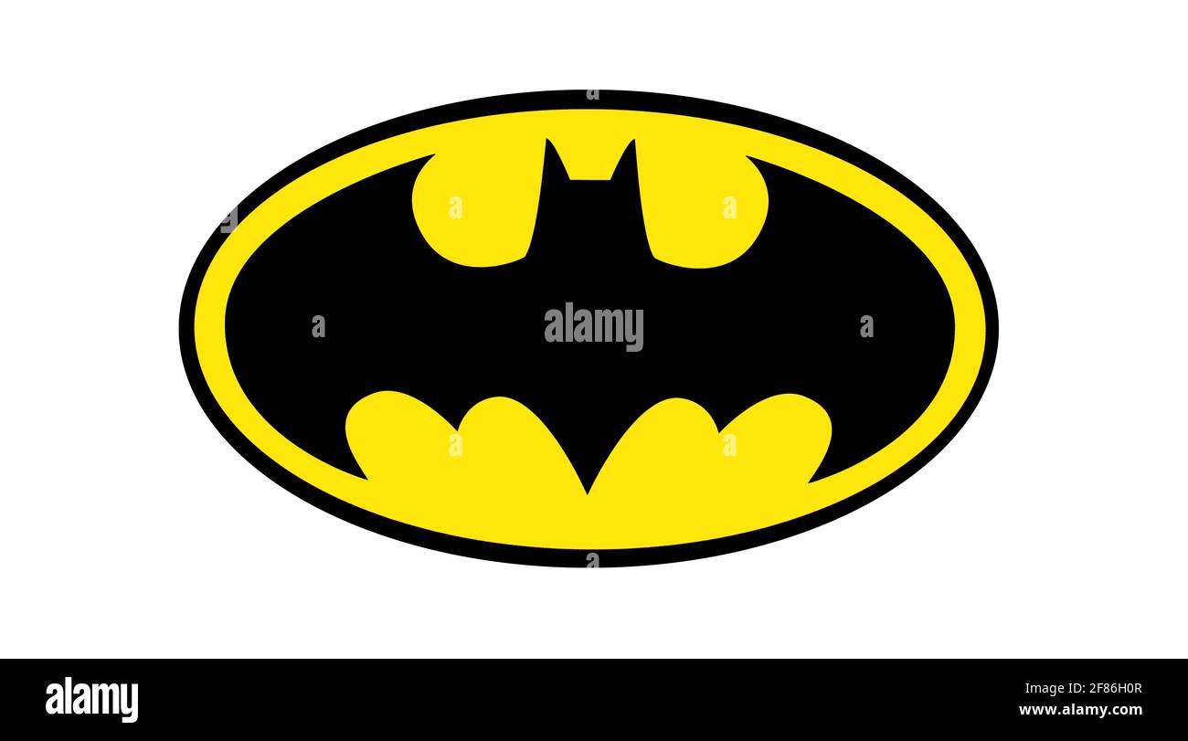 Célèbre logo Batman pour célébrer le 80e anniversaire de Batman isolé sur fond blanc. Banque D'Images