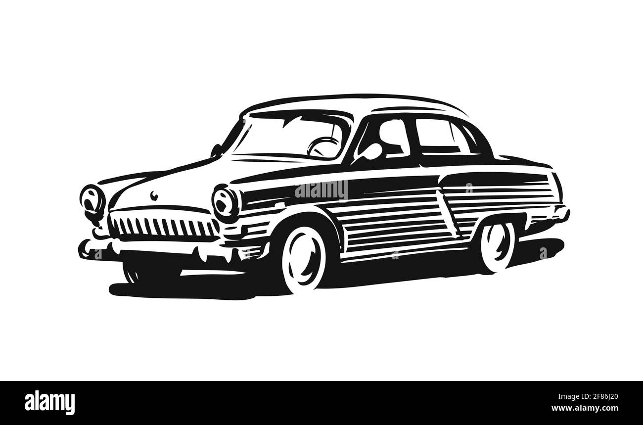 Logo ou symbole de voiture rétro. Design automobile dessiné à la main dans un style vintage Illustration de Vecteur