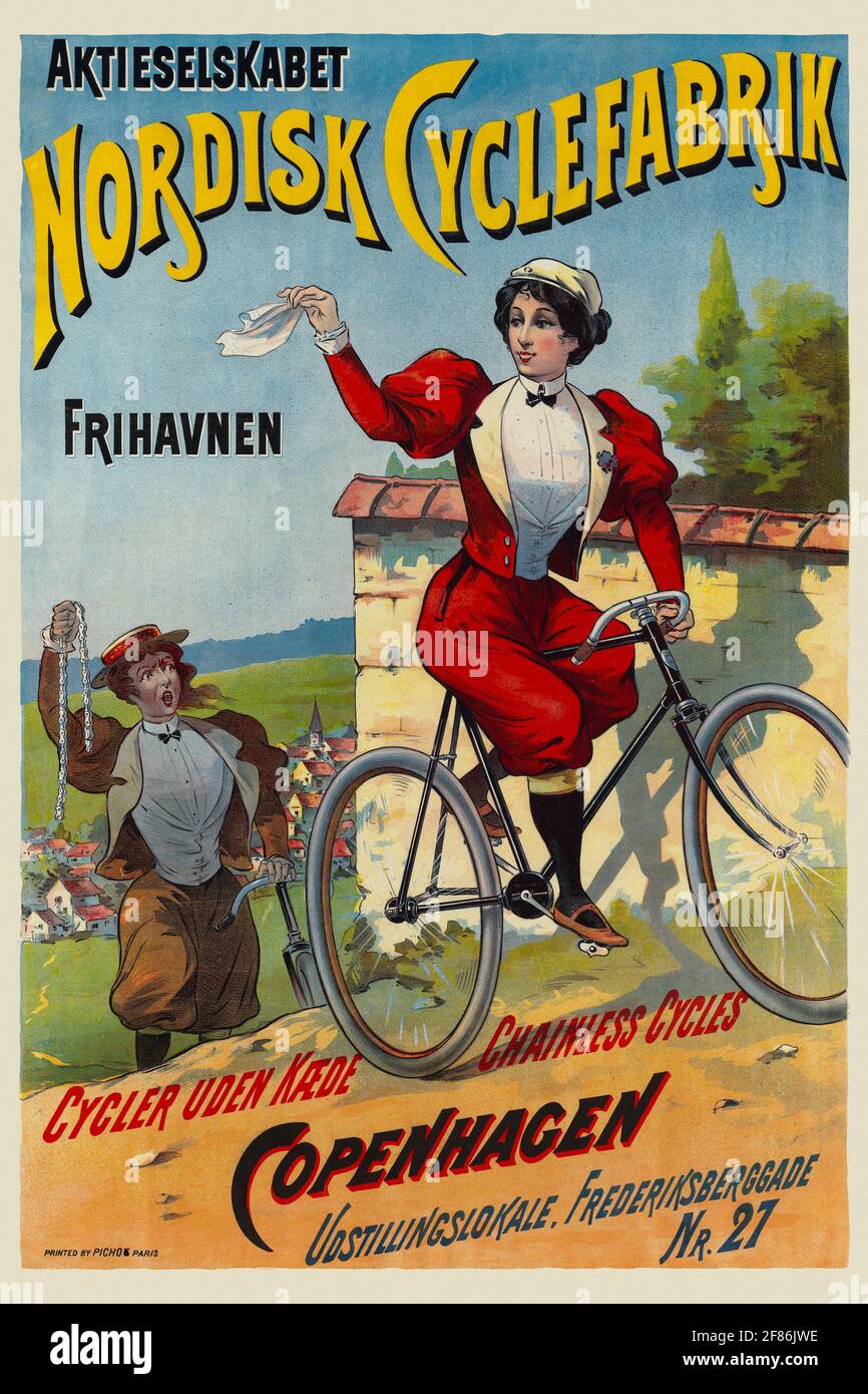 Affiche publicitaire vintage restaurée. Cyclefabrik de Nordisk. Copenhague. Artiste inconnu. Affiche publiée en 1899 aux pays-Bas. Banque D'Images