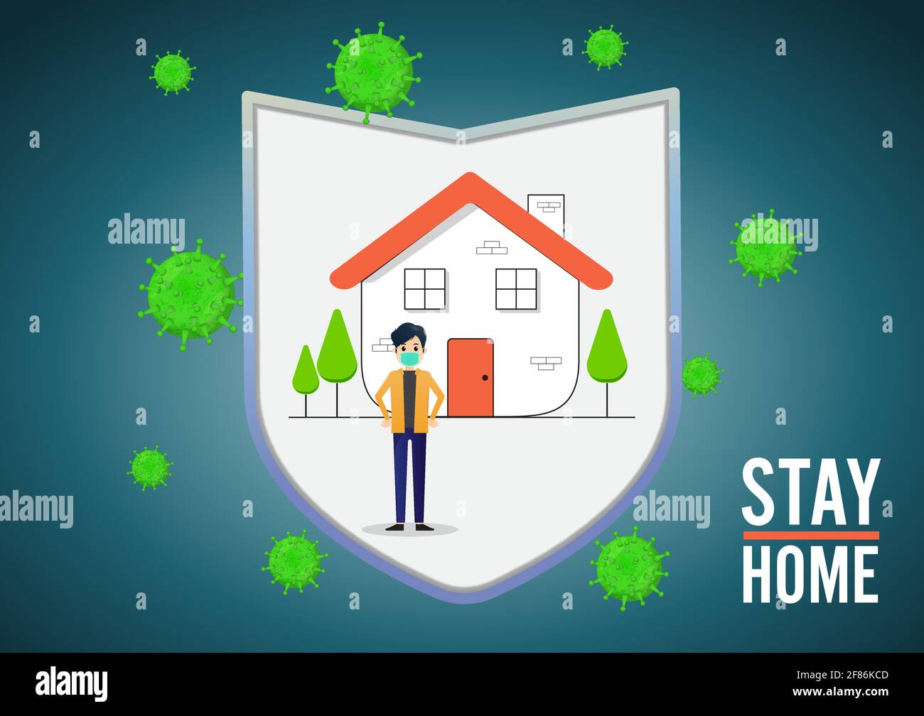 Tout le monde portant un masque médical et l'auto-isolement à la maison. Pandémie de coronavirus et de distance sociale. Rester à la maison avec l'auto-quarantaine pour arrêter Illustration de Vecteur