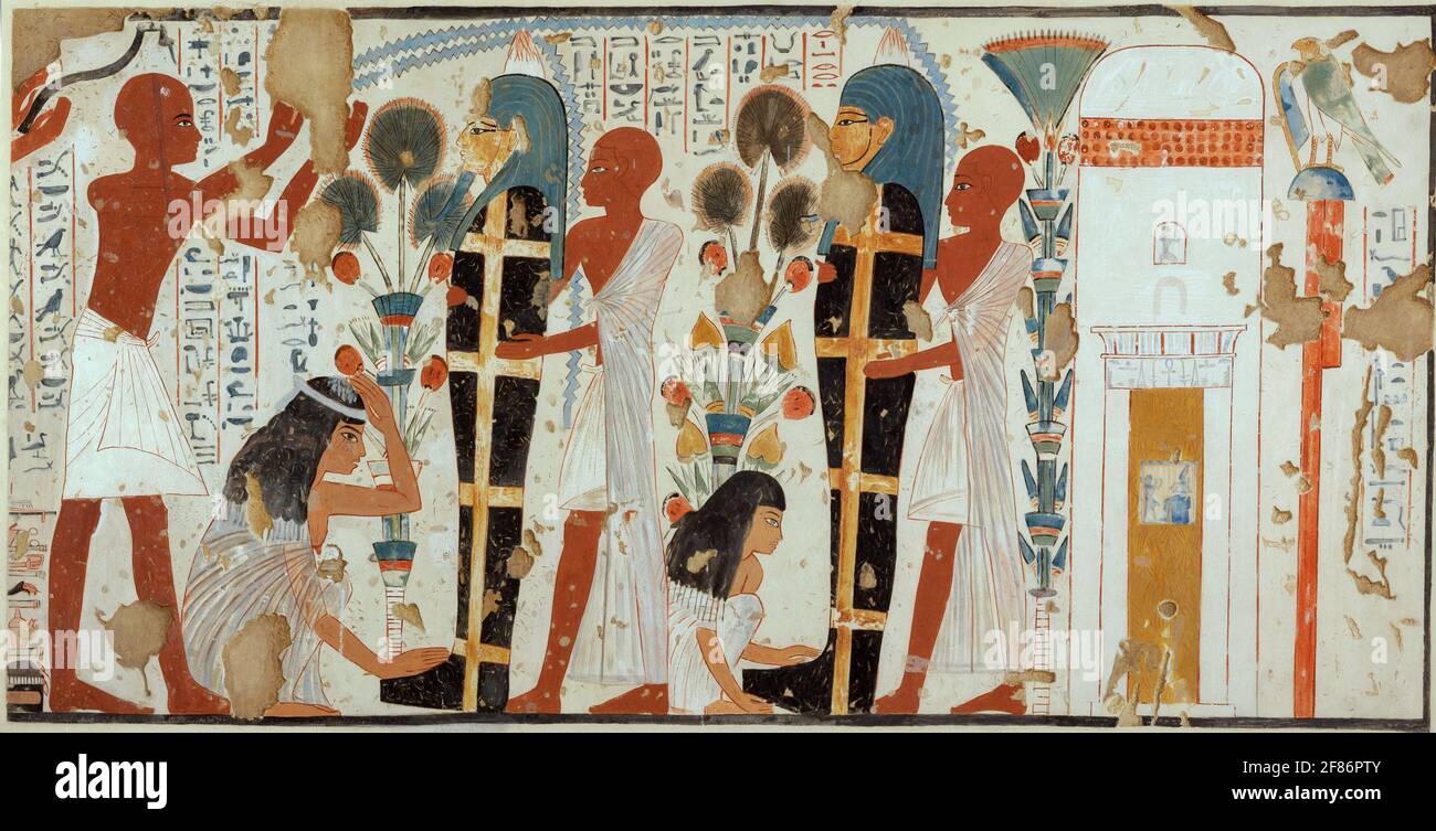 6851. Purifier et pleurer les morts, peinture murale de la tombe de Nebamun et d'Ipuky, Thèbes, Égypte. C. 1390-1349 C.-B. Banque D'Images