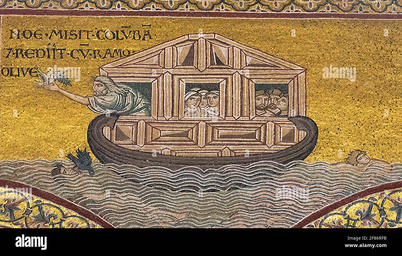 6861. Noé envoyant la colombe, mosaïque de duomo Moreale, Sicile. Banque D'Images