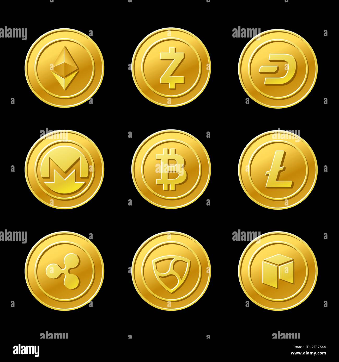Crypto monnaie pièces d'or isolées sur noir Illustration de Vecteur