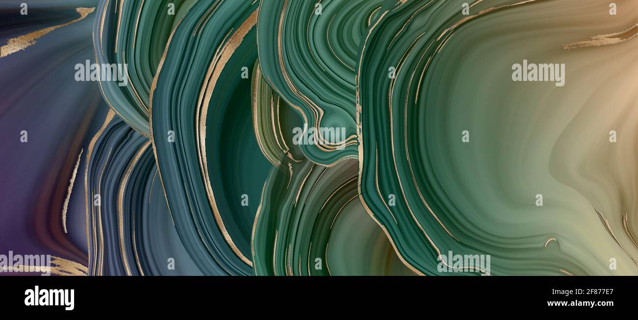 Arrière-plan abstrait en marbre agate, texture à rayures dorées. Marbre vert agate avec des veines dorées. Texture marbrulante abstraite et fond doré brillant. Flui Banque D'Images